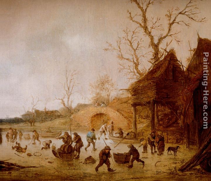 Isack van Ostade A Winter Landscape With Skaters, Children Playing Kolf And Figures With Sledges On The Ice Near A Bridge